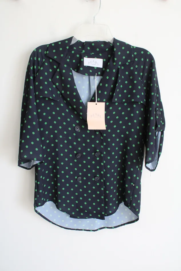 Lela Rose Earrings NEW Pearl By Lela Rose Navy Green Fluid Crepe Camp Polka Dotted Shirt XS Lela Rose Earrings NEW Pearl By Lela Rose Navy Green Fluid Crepe Camp Polka Dotted Shirt XS
