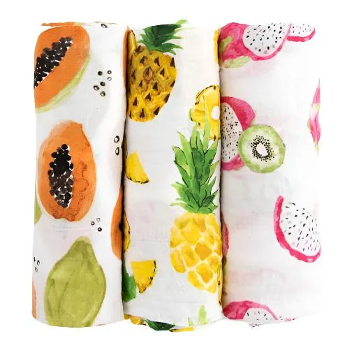 LITTLEUNICORN Little Unicorn Tropical Fruit Cotton Muslin Swaddle Blanket 3Pack Necklaces
