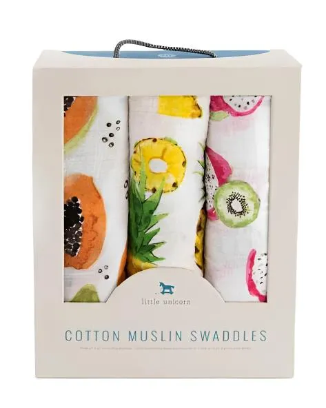 LITTLEUNICORN Little Unicorn Tropical Fruit Cotton Muslin Swaddle Blanket 3Pack Necklaces