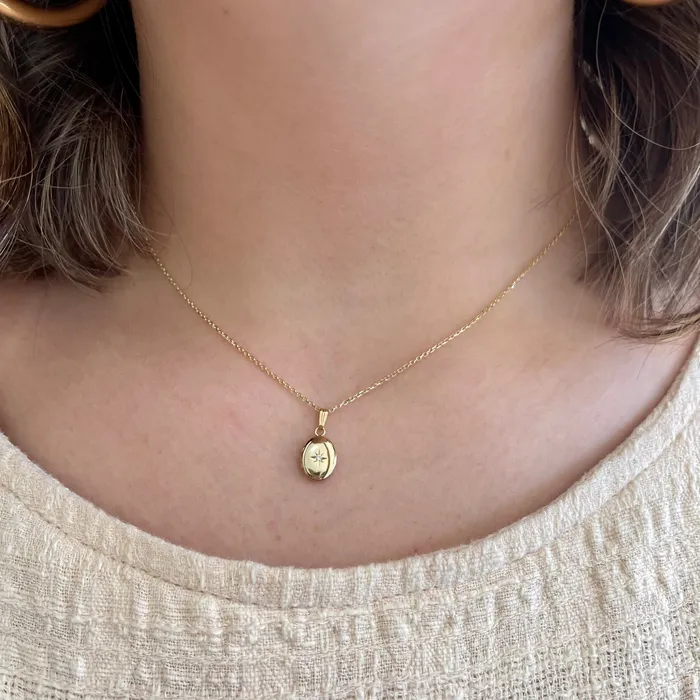 Marathon Earrings 14K Yellow Gold Mini Oval Diamond Locket