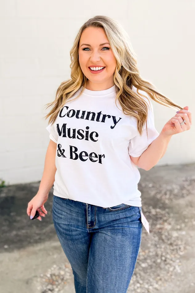 Mugsby Rings Country Music and Beer Graphic Tee White
