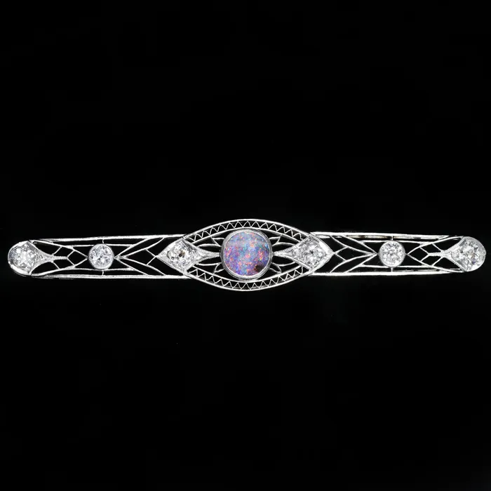 Necklaces Heirloom Jewelers Art Deco Platinum Opal and Diamond Bar Pin