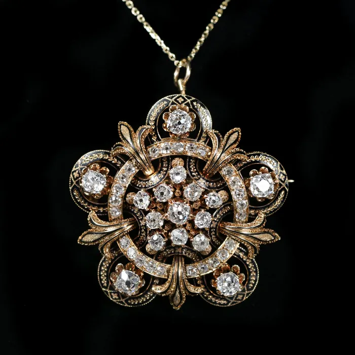Necklaces Jack Pritchard Victorian 425 CTW Old Mine Cut Diamond and Black Enamel PendantBrooch Necklaces Jack Pritchard Victorian 425 CTW Old Mine Cut Diamond and Black Enamel PendantBrooch