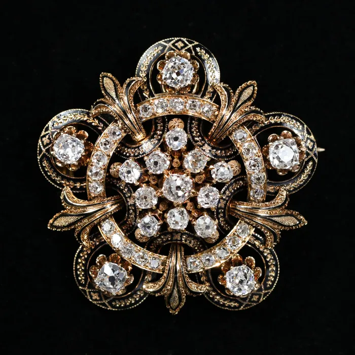 Necklaces Jack Pritchard Victorian 425 CTW Old Mine Cut Diamond and Black Enamel PendantBrooch