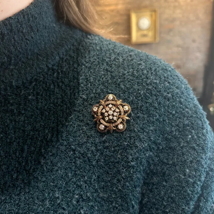 Necklaces Jack Pritchard Victorian 425 CTW Old Mine Cut Diamond and Black Enamel PendantBrooch