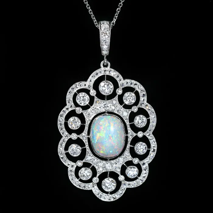 Necklaces OTC Edwardian 310 Carat Opal and Diamond Pendant