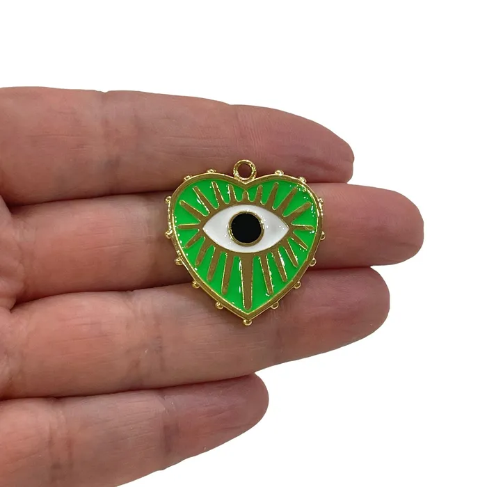 Necklaces Peppy Beads 24Kt Shiny Gold Plated Brass Heart Pendant Gold Heart Neon Green Enamelled Pendant With Eye Necklaces Peppy Beads 24Kt Shiny Gold Plated Brass Heart Pendant Gold Heart Neon Green Enamelled Pendant With Eye