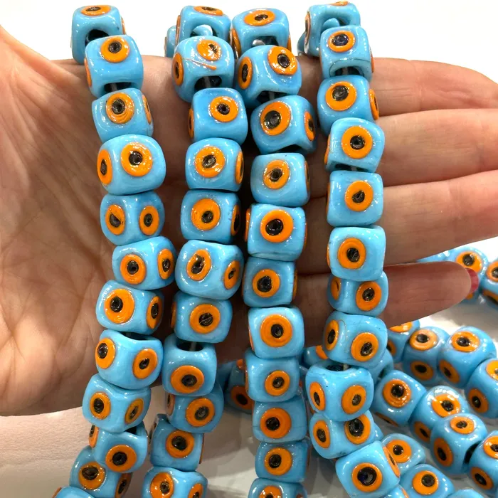 Necklaces Peppy Beads Traditional Turkish Artisan Handmade Cube Four Sided Evil Eye Glass Beads Large Hole Glass Beads 5 Beads in a pack