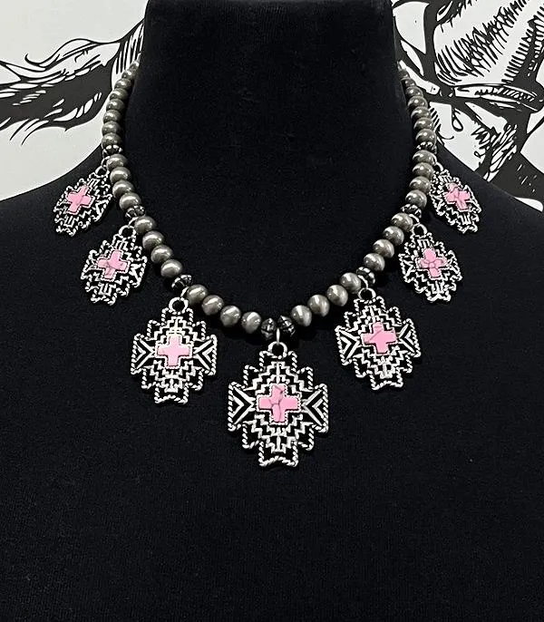 Necklaces YKT WESTERN AZTEC CROSS NAVAJO STYLE NECKLACE PINK