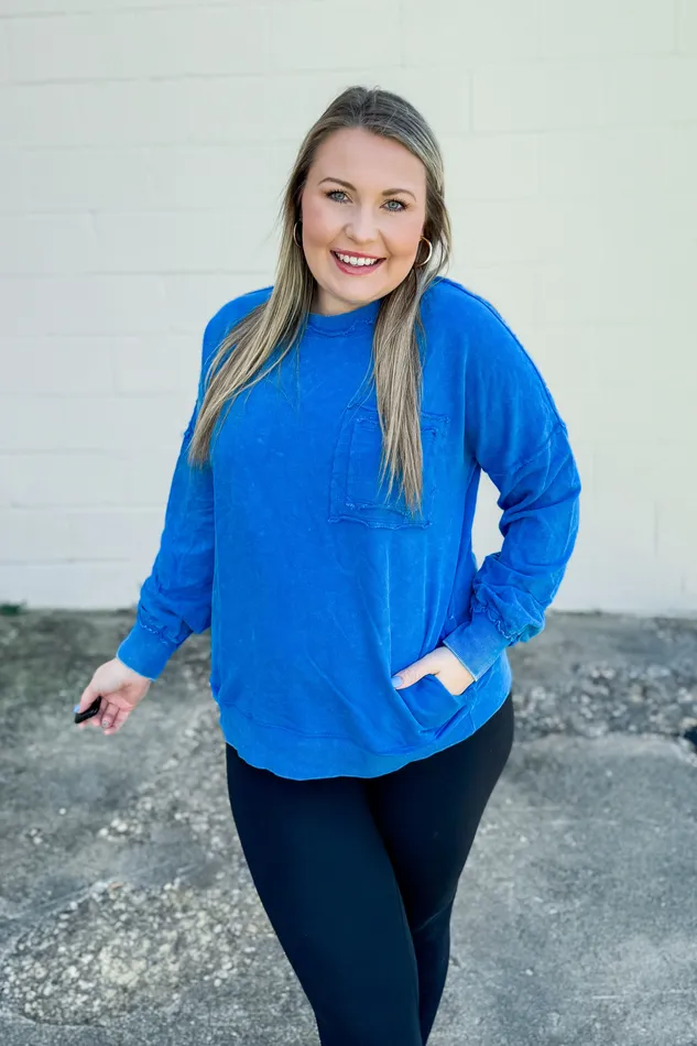 Necklaces Zenana Chelsea Acid Wash Pullover Pocket Sweatshirt Ocean Blue