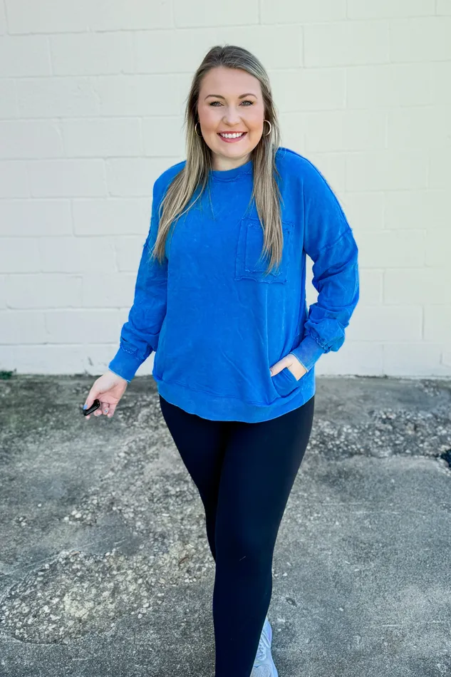 Necklaces Zenana Chelsea Acid Wash Pullover Pocket Sweatshirt Ocean Blue