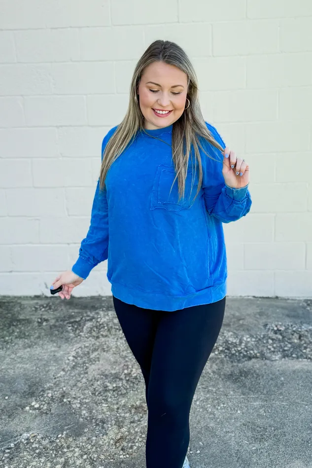 Necklaces Zenana Chelsea Acid Wash Pullover Pocket Sweatshirt Ocean Blue