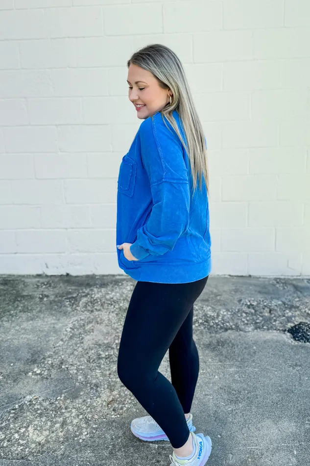 Necklaces Zenana Chelsea Acid Wash Pullover Pocket Sweatshirt Ocean Blue