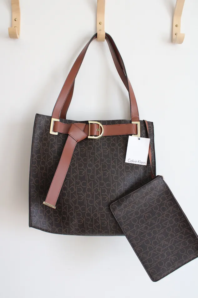 NEW Calvin Klein Large Brown Monogram Tied Belt Tote Zipper Pouch Calvin Klein Earrings NEW Calvin Klein Large Brown Monogram Tied Belt Tote Zipper Pouch Calvin Klein Earrings