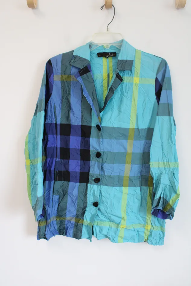 NEW Liv Blue Green Plaid Windbreaker Jacket XS Liv Rings