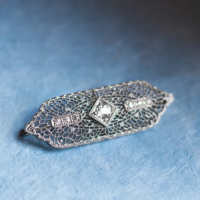 OTC Rings Art Deco 14k White Gold 052 Old European Cut Diamond Filigree Brooch
