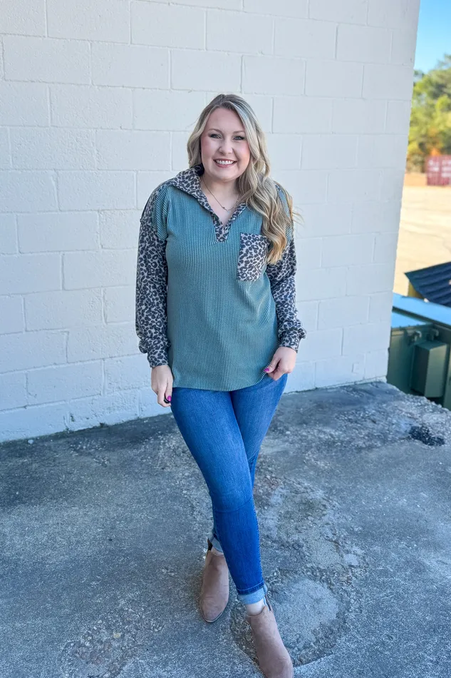 Out In The Wild Leopard Sleeve Top Heimish Earrings