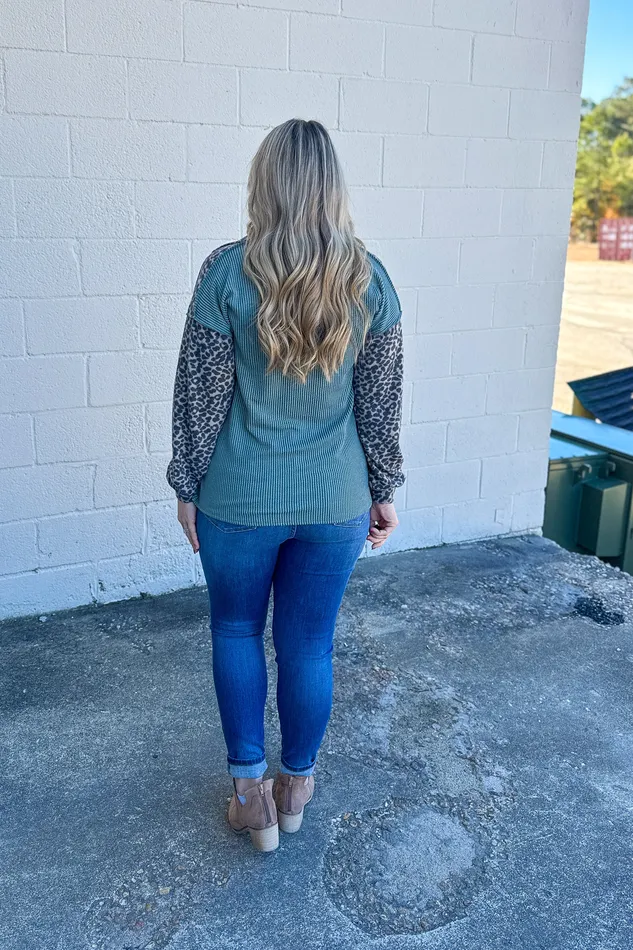Out In The Wild Leopard Sleeve Top Heimish Earrings
