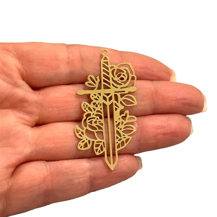Peppy Beads Charm Necklaces Raw Brass Sword with Flowers Charm Laser Cut Sword with Flowers Charm Peppy Beads Charm Necklaces Raw Brass Sword with Flowers Charm Laser Cut Sword with Flowers Charm