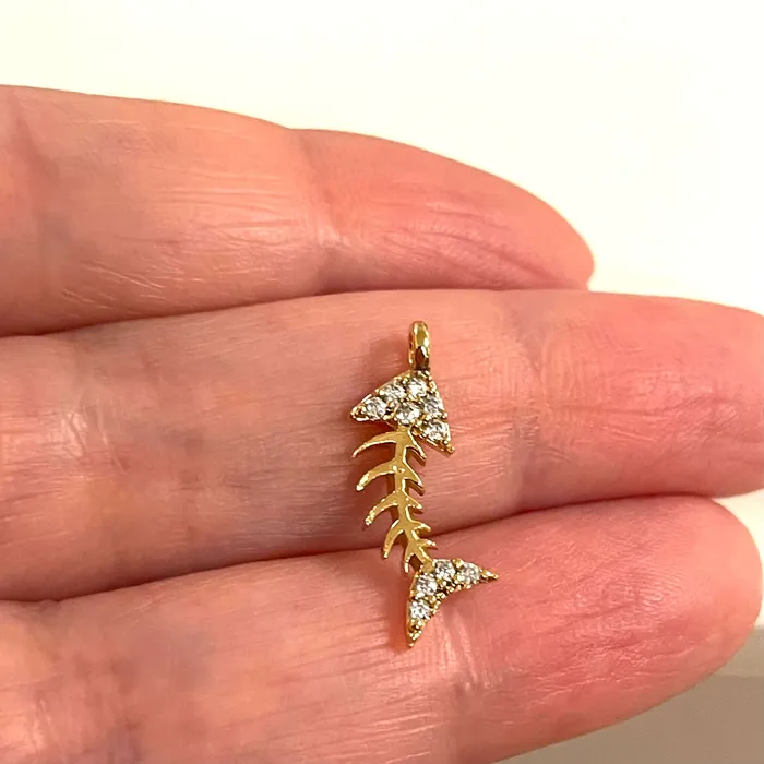 Peppy Beads Earrings 24Kt Gold Plated CZ Micro Pave Fish Bone Charm