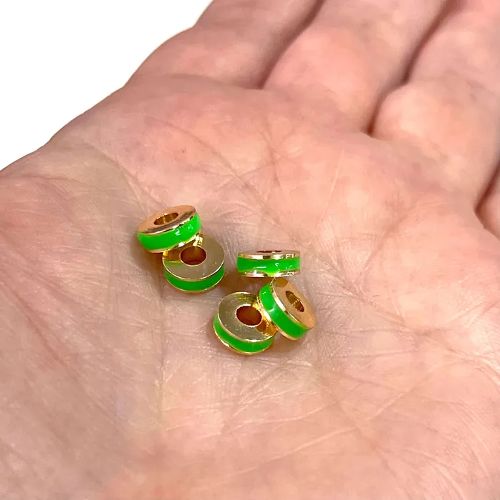 Peppy Beads Earrings 24Kt Gold Plated Neon Green Enamelled Large Hole Rondelle Spacers 5 Pcs in a pack Peppy Beads Earrings 24Kt Gold Plated Neon Green Enamelled Large Hole Rondelle Spacers 5 Pcs in a pack