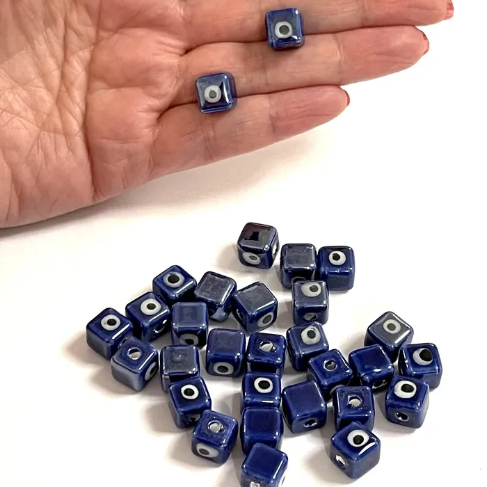 Peppy Beads Earrings Hand Made Ceramic Navy Cube Evil Eye Double Sided Charms 5 pcs in a pack Peppy Beads Earrings Hand Made Ceramic Navy Cube Evil Eye Double Sided Charms 5 pcs in a pack