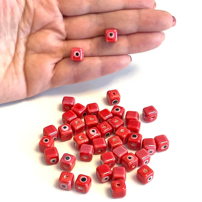 Peppy Beads Earrings Hand Made Ceramic Red Evil Eye Cube DoubleSided Charms 5 pcs in a pack Peppy Beads Earrings Hand Made Ceramic Red Evil Eye Cube DoubleSided Charms 5 pcs in a pack