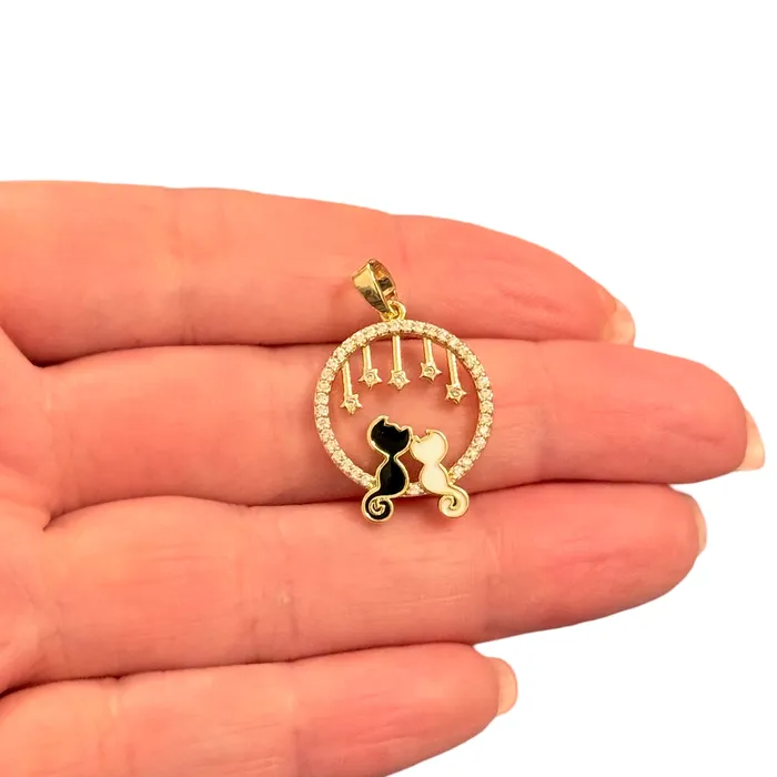 Peppy Beads Necklaces Black White Cat on the Window Waterproof 24Kt Gold Plated Stainless Steel CZ Pendant With Attached Bail Peppy Beads Necklaces Black White Cat on the Window Waterproof 24Kt Gold Plated Stainless Steel CZ Pendant With Attached Bail