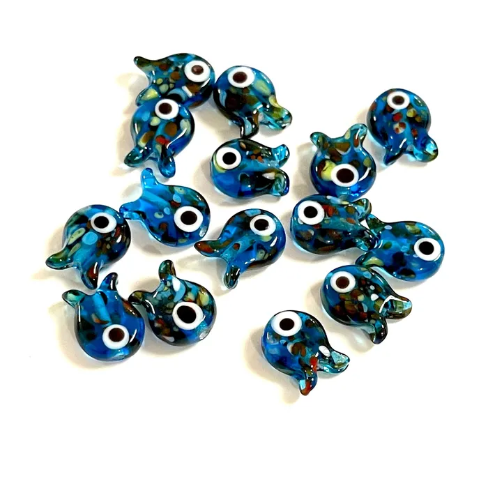 Peppy Beads Rings Hand Made Murano Glass Transparent Blue Fish Charm