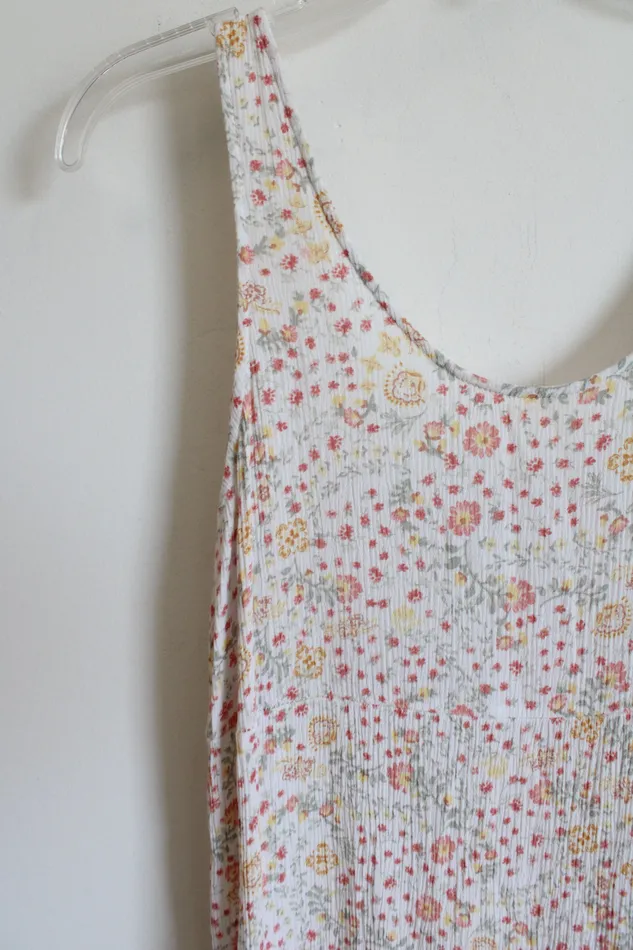 Pink Rose White Floral Rayon Tiered Dress S Pink Rose Rings