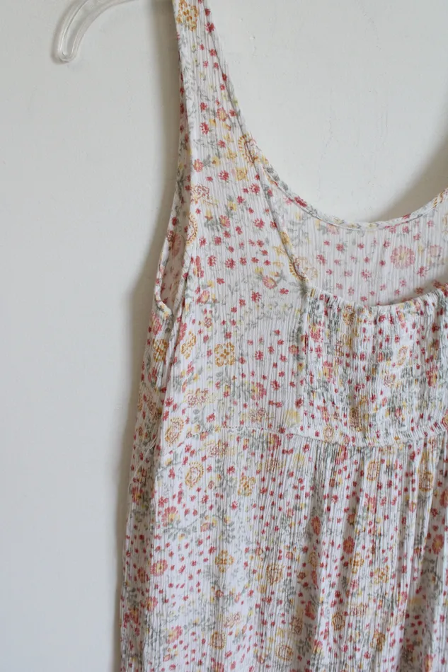 Pink Rose White Floral Rayon Tiered Dress S Pink Rose Rings
