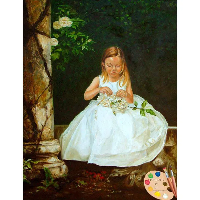 Portraits by NC Child Oil Portrait Girl in Rose Garden Earrings