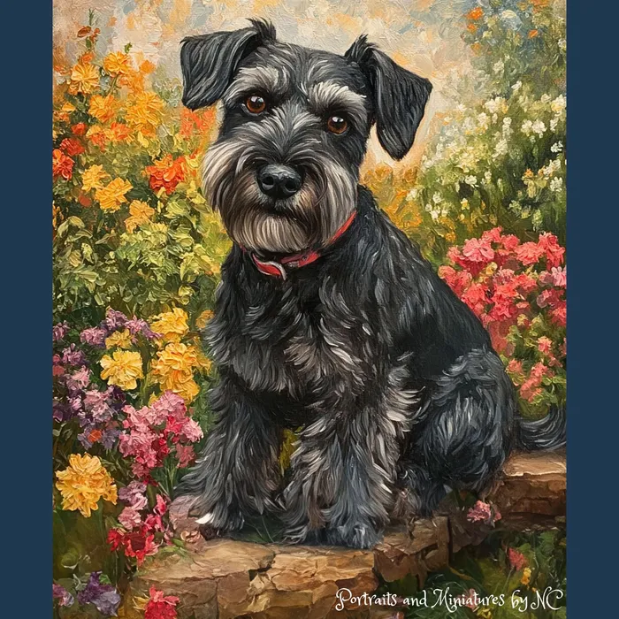 Portraits by NC Earrings Miniature Schnauzer In Garden Commissioned Oil Portrait Portraits by NC Earrings Miniature Schnauzer In Garden Commissioned Oil Portrait
