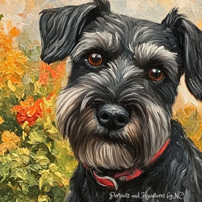 Portraits by NC Earrings Miniature Schnauzer In Garden Commissioned Oil Portrait Portraits by NC Earrings Miniature Schnauzer In Garden Commissioned Oil Portrait