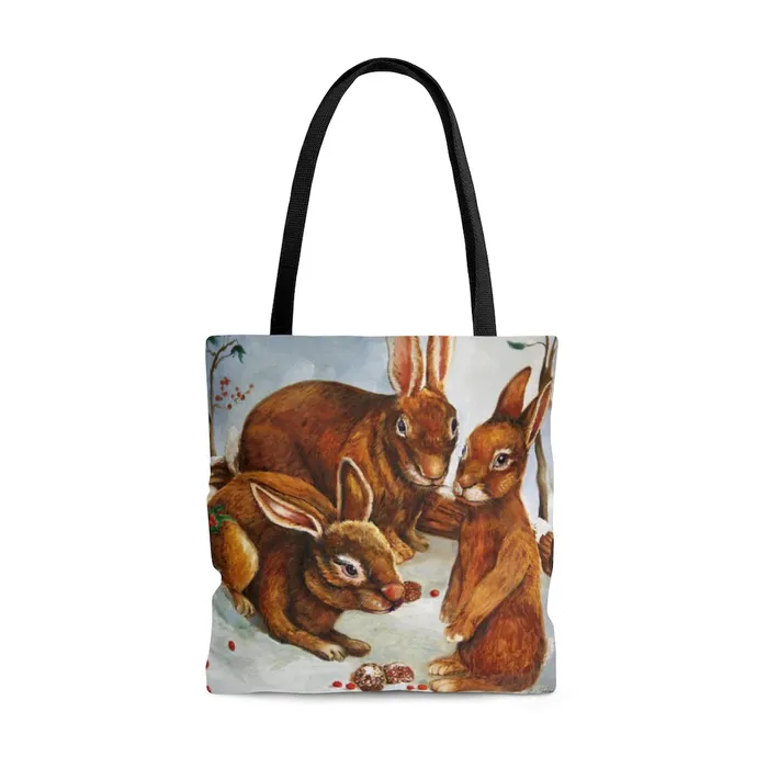 Portraits by NC Earrings Tote Bag Rabbits in Snow Design