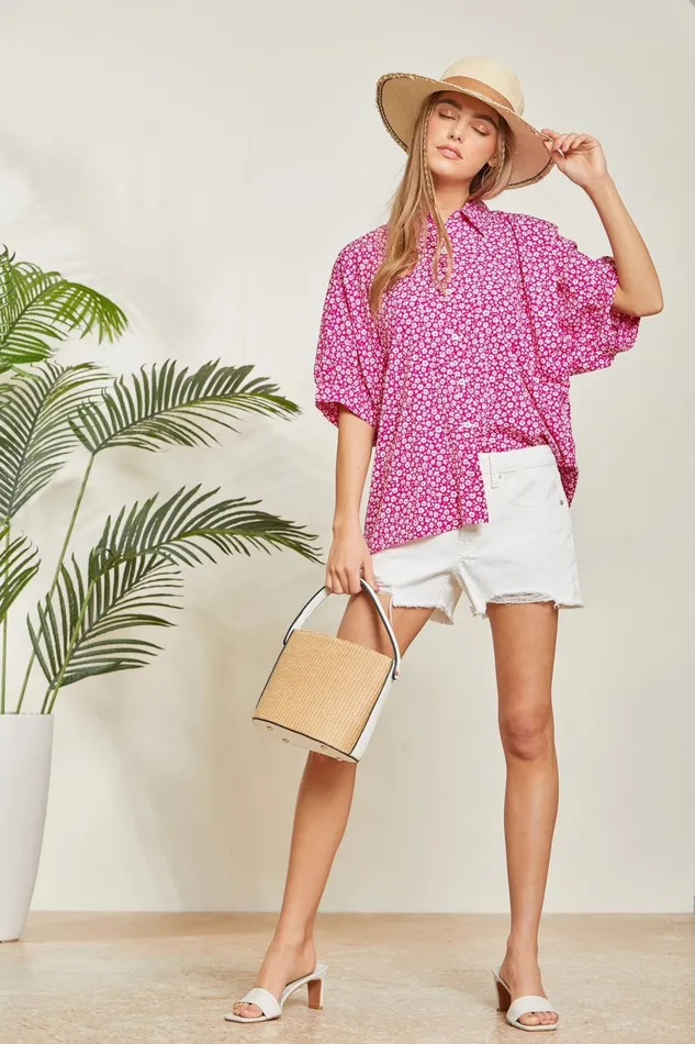 Rings ANDREE BY UNIT FLORAL PRINT COLAR NECK TOP PINK