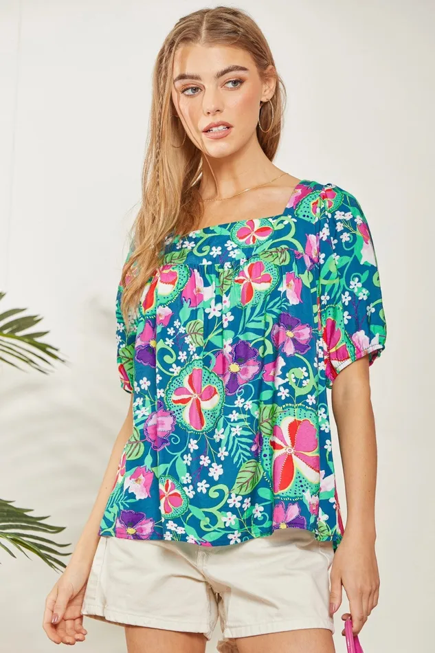Rings ANDREE BY UNIT TIE BACK DETAIL FLORAL PRINTED SQUARE NECKLINE TOP TEAL MAGENTA
