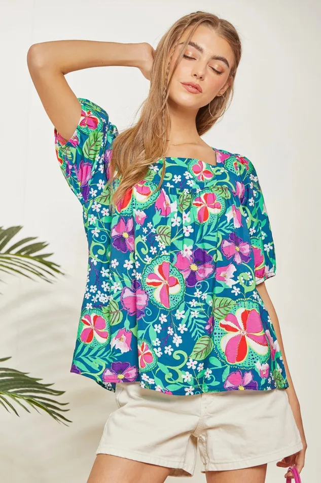 Rings ANDREE BY UNIT TIE BACK DETAIL FLORAL PRINTED SQUARE NECKLINE TOP TEAL MAGENTA
