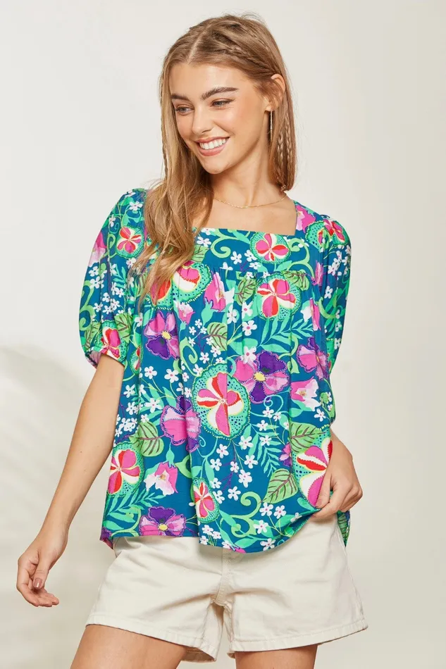 Rings ANDREE BY UNIT TIE BACK DETAIL FLORAL PRINTED SQUARE NECKLINE TOP TEAL MAGENTA