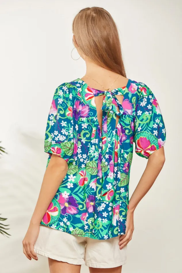 Rings ANDREE BY UNIT TIE BACK DETAIL FLORAL PRINTED SQUARE NECKLINE TOP TEAL MAGENTA