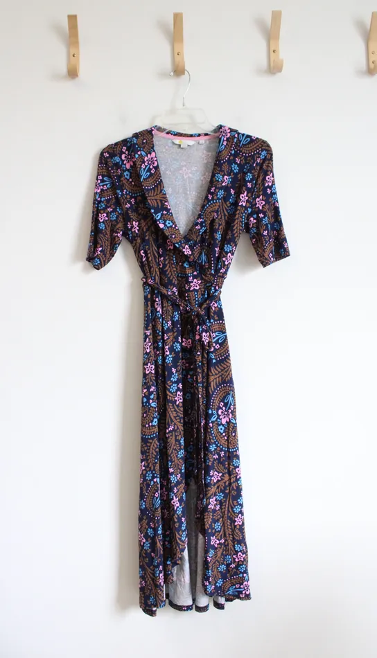 Rings Boden Boden Blue Brown Pink Patterned Knit Wrap Dress 4 Petite