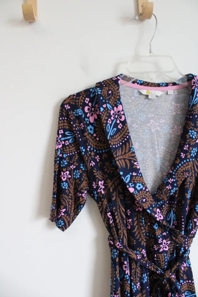 Rings Boden Boden Blue Brown Pink Patterned Knit Wrap Dress 4 Petite