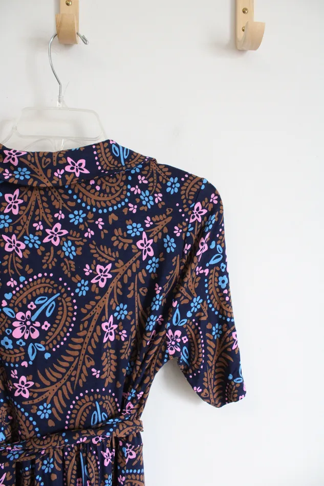 Rings Boden Boden Blue Brown Pink Patterned Knit Wrap Dress 4 Petite