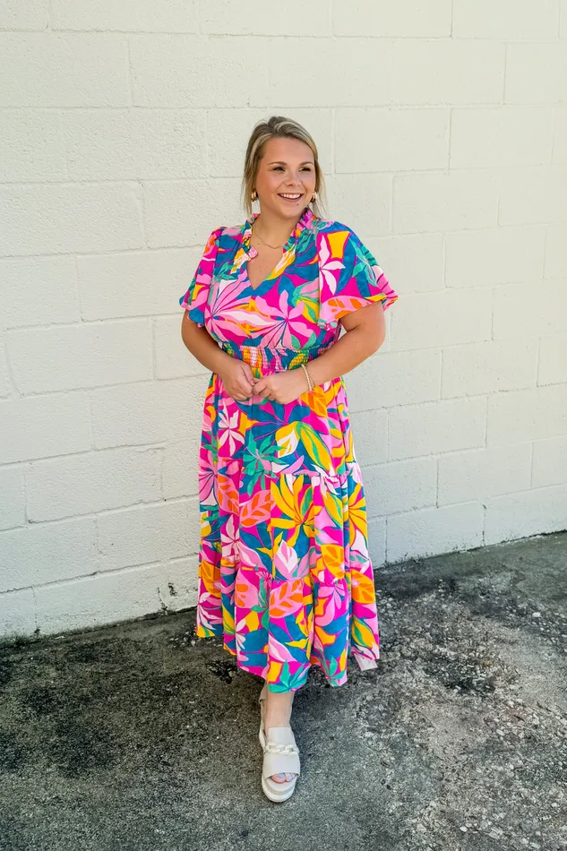 Rings Coastal Glam Floral Midi Dress Haptics