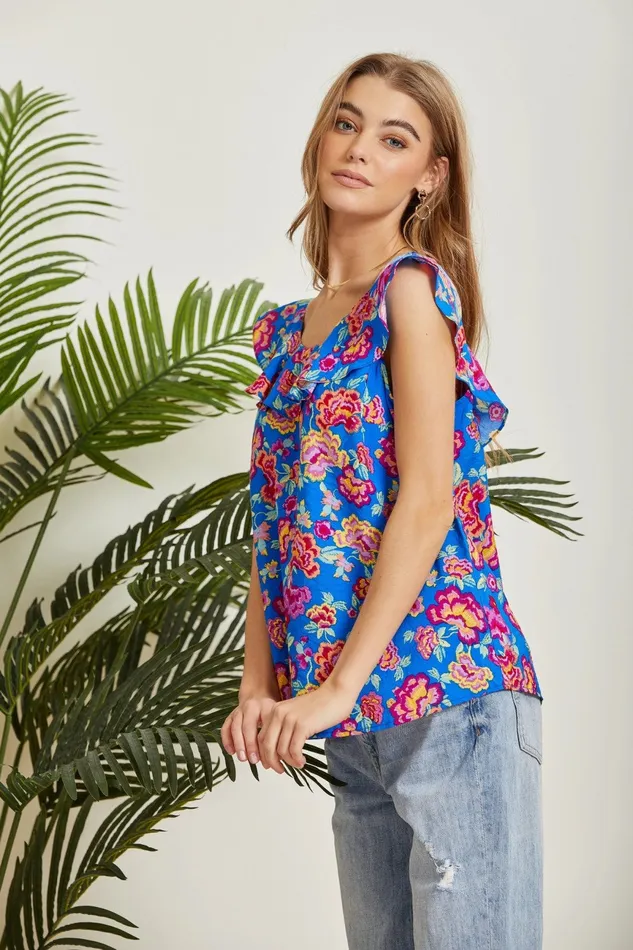 Rings FLORAL PRINT SLEEVELESS TOP ROYAL BLUE ANDREE BY UNIT