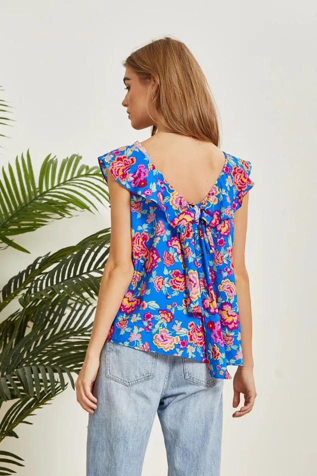 Rings FLORAL PRINT SLEEVELESS TOP ROYAL BLUE ANDREE BY UNIT
