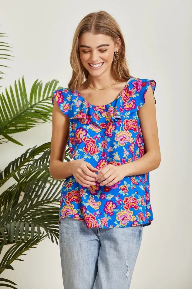 Rings FLORAL PRINT SLEEVELESS TOP ROYAL BLUE ANDREE BY UNIT