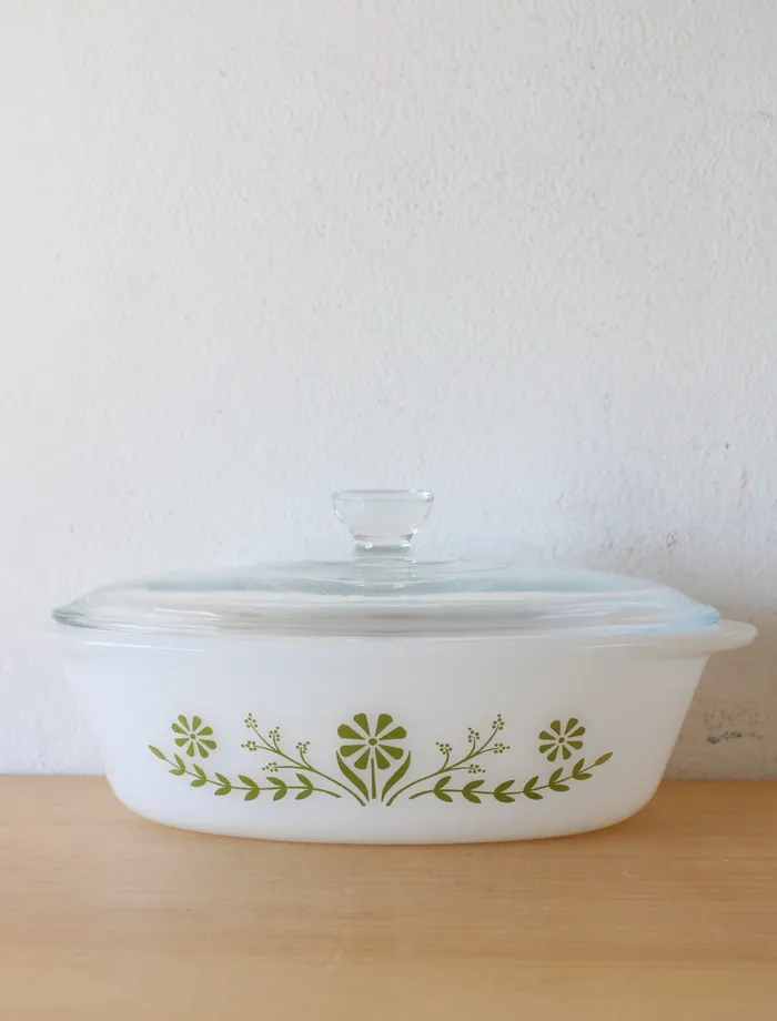 Rings Glasbake Green Daisy J235 1 QT Oval Covered Dish Glasbake