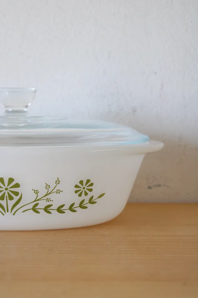 Rings Glasbake Green Daisy J235 1 QT Oval Covered Dish Glasbake