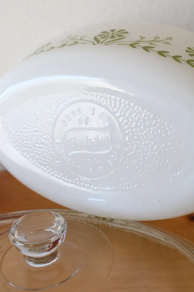 Rings Glasbake Green Daisy J235 1 QT Oval Covered Dish Glasbake
